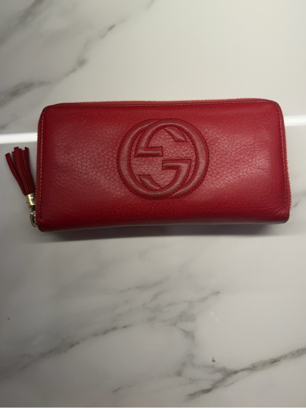 Gucci Red Leather Zip-Around Wallet with Embossed GG